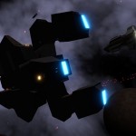 Cellblock Squadrons Screenshot - A dark three pronged ship in front of a nebula.