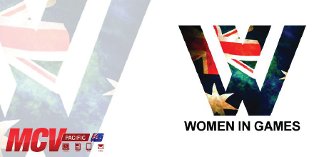 A stylised letter "W" patterned with the Australian flag. Image Text reads "MCV Pacific Women in Games"