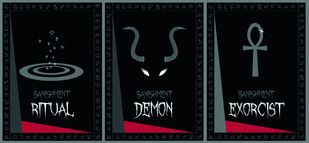 Image displays three card types from the card game Banishment. Each card has the game name, plus both text and an image depicting the card type. These are