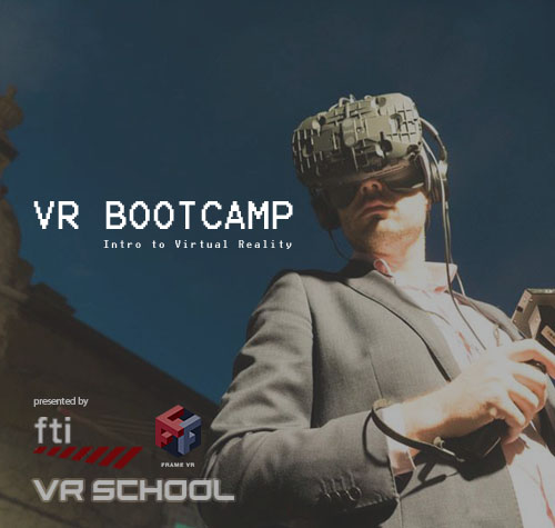 Text "VR Bootcamp: Intro to Virtual Reality. Presented by FTI, Frame VR, VR School" Image: (A man in a suit wears a virtual reality headset, with the VR controls in hand)