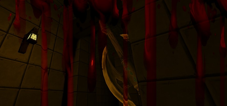 Drowning Dungeon Heade. (Description: Blood drips across the screen, in front of a stone walls and an entryway with a swinging axe. A lantern sits on the wall to the left)