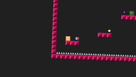 Animated Gif: A small box character jumps across platforms, avoiding spikes and squishing enemies.