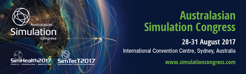 Image Text Reads "Australasian Simulation Congress. 28-31 August 2017. International Convention Centre, Sydney, Australia. www.simulationcongress.com" Sponsor logo "SimHealth2017" and "SimTec2017". URL link goes to Australiasian Simulation Congress Challenge page