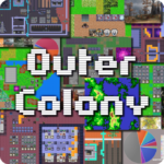 Text reads "Outer Colony". A square image, made up of a collection of screenshots from the game Outer Colony. The game graphics are blocky, and colourful, featuring outdoor spaces and insides of buildings. Linked URL goes to attachment page with larger version of this image.