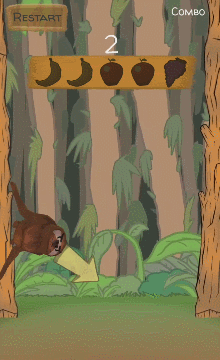 Animation of Sloth Climb gameplay. A jungle scene, with a sloth hanging on a tree trunk at the left. An arrow rotates above it showing which direction it will jump. Tapping the screen makes the sloth jumps to the right tree, and the arrow appears again. As the sloth jumps back and forth climbing higher up the trees, it collects stars and points. A miss-timed jump has the sloth go too high and miss the tree, it falls and the animation restarts.