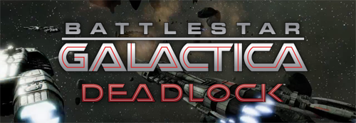 Logo Text: Battlestar Galactica Deadlock. Background image depicts a screenshot of space with asteroids and stars, with two spaceships in the foreground.