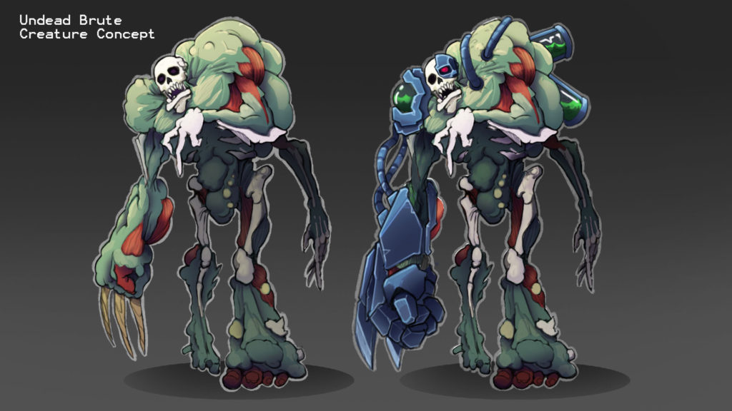 Text reads: Undead Brute, Creature Concept. Image of two zombie variations from upcoming Binary Space game. They have skeleton faces and bones visible, with large malformed shoulders, right claw arm, and left foot. The zombie on the right includes a robotic right arm, powercells on it's back and a metal left eye socket with laser eye.