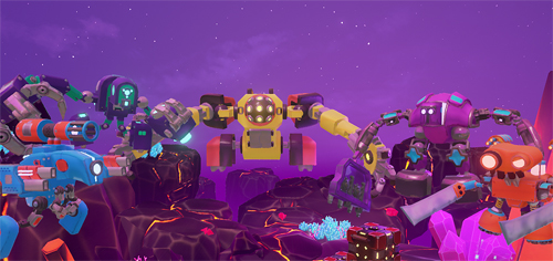 A screenshot from the game Collateral Damage. URL links to game's website. Image shows five robotic characters crowded together, hovering in a semicircle. All are different shapes and colours, and have various arm-like weapons. In the background, a purple starry night sky sits above a rocky, planet scene. Lava-like lines cross the craters, and pointed crystals jut out.