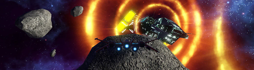 A screenshot from the game Asteroid3D. A spaceship is flying straight ahead, an asteroid sits directly in its path while other float in the distance. Further ahead, a much larger spacecraft hovers, with huge rings of energy emanating from it. Image URL links to main Asteroids3D game website.