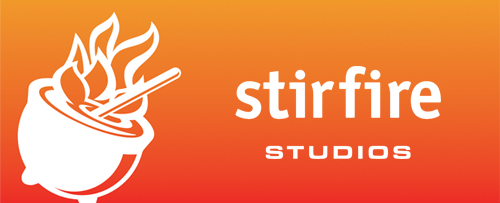 Text: Stirfire Studios. Logo of a Cauldron tilted to the right. A ladle sits within it, and flames leaping out of the open top. URL links to Stirfire Studios website.