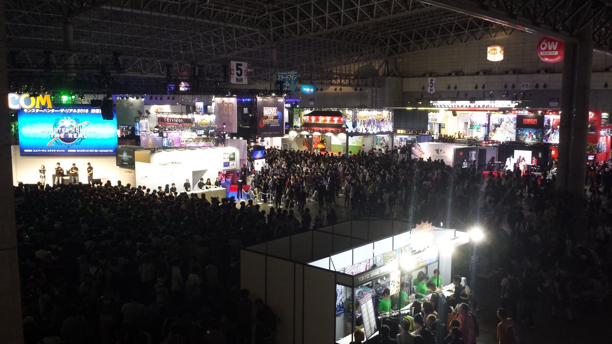 A photograph of the showroom floor at the Tokyo Games Show in 2017. Huge crowds of people fill the space and surround the games booths.