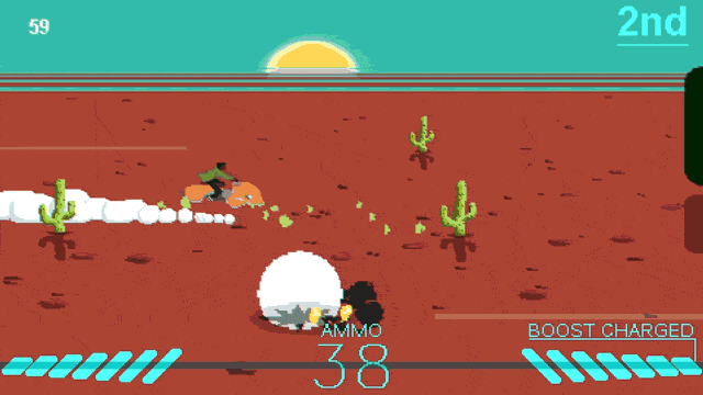 An animated image from the game Desert Child. A character dressed in jeans and a shirt races across the desert of mars on a hoverbike, swerving past catci, with dust trailing and explosions flying past. The bike speeds past the words "Kickstarter"