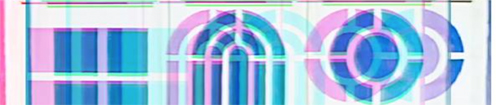 A distorted image of a series of differently-shaped windows, a square, an arch and a circle