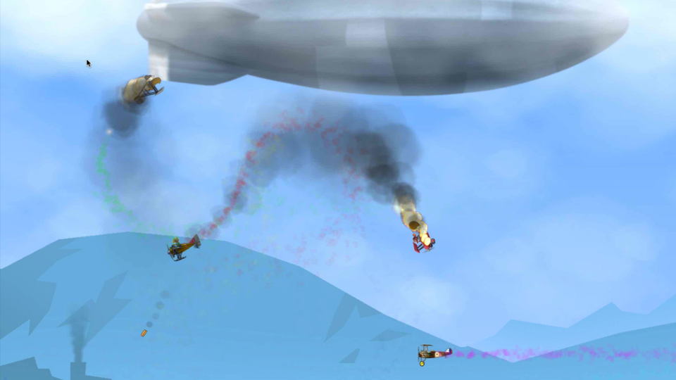 Screenshot: Olden style biplanes loop around the sky, with plumes of smoke and fire billowing behind some of them. An enormous blip covers the entire top of the screen.