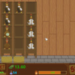 Screenshot: Inside of a wooden barn, with stacked shelves filled with various themed chickens, including scientist chickens, free range chickens, tire-marked chickens. Icons at the bottom show a Market sign, Shop sign, money, and other stats.