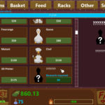 Screenshot: A selection screen for different types of chickens, displaying free range, goose, mutant, chef, 3D printer, and an unknown chicken requiring more research. Buttons at the top of the screens show screens for chickens, baskets, feed, racks, other, and support. Icons at the bottom show a Market sign, Shop sign, money, and other stats.