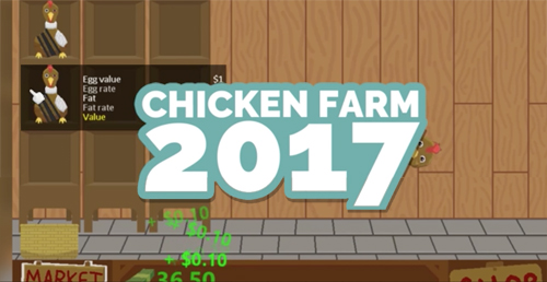 Logo text: Chicken Farm 2017. Background screenshot shows the inside of a wooden barn, with stacked shelves that have two chicken in it. One chicken is selected, showing stats such as egg value, egg rate, fat, fat rate and value. At the bottom of the screen a money counter is ticking up, and there is the top edge of a Market sign. URL links to game on steam.