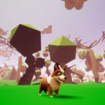 Screenshot: A corgi stands in the centre of a green field, surrounded by boxy trees.