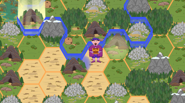 Screenshot: A board of interlocking hexagonal shapes that create a map with sand, grassed areas, mountains, rocks and forests. In the centre stands a merchant character, and a blue barrier seperate him from highlighted mountain on the upper left.