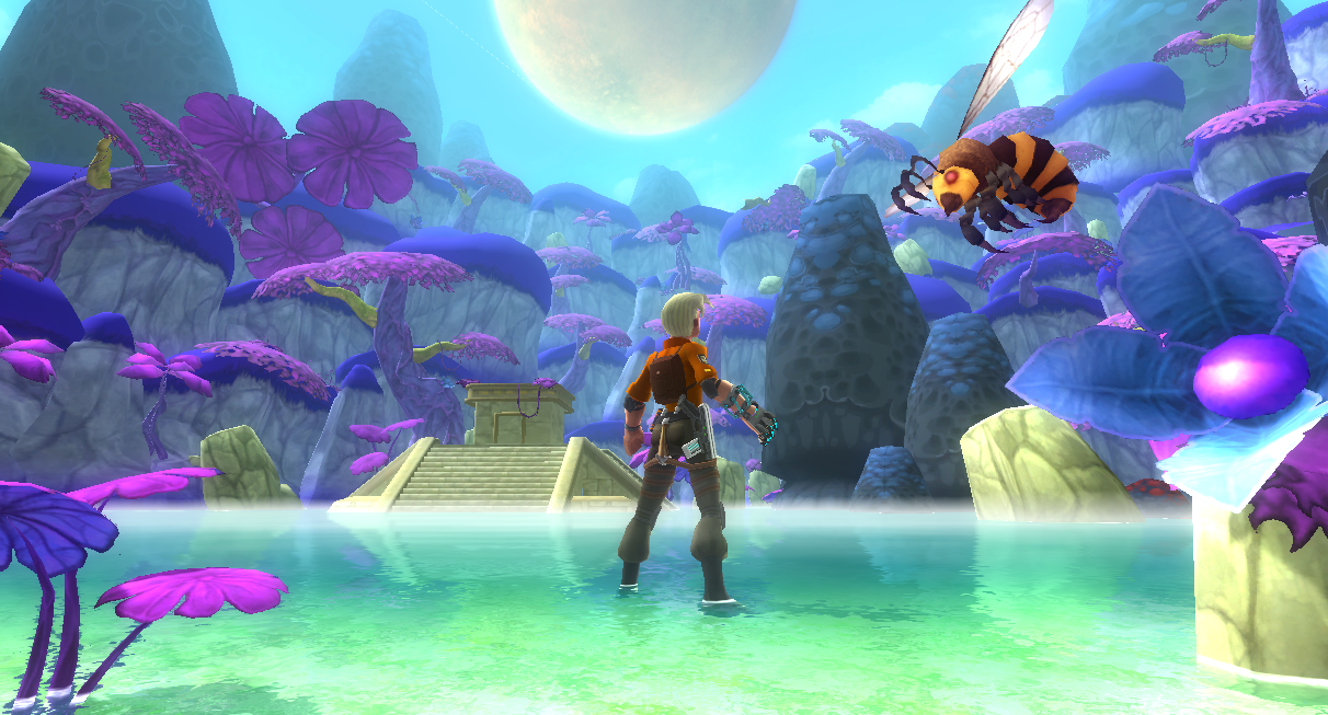 Screenshot: A man in futuristic adventurer gear stands ankle-deep in a bright lake, surrounded by alien-like landscape of trees and ruins rising from the water. An enourmous wasp-like creature is flying towards him in from the left side.