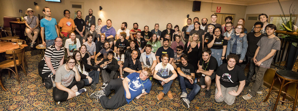 A large group photograph of the volunteers and organisers of the 2017 Perth Games Festival! URL links to larger version of image on Flickr, which can be downloaded free.