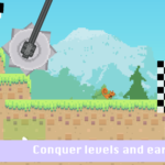 Screenshot for the game Rodrigo. Text at bottom reads "Conquer levels and earn coins!". Image shows the squirrel character running across the grass towards a checkered finishing line. A rotating saw is swinging towards him from the left.