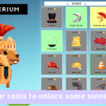 Screenshot for the game Rodrigo. Text at the bottom reads “Use your coins to unlock some sweet swag”. Image shows an item screen known as the ‘Swaggerium’ where hats can be purchased for the Squirrel character Rodrigo. He stands at the left wearing a work tie and a metal roman helmet with plume atop it. To the right a list of available items to purchase, including a top hat, space helmet, fish bowl, bucket, fireman’s hat, construction worker hat, and traffic cone.