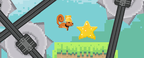 Screenshot: A blocky scene with a squirrel jumping over a whirling, swinging saw towards a large collectable star. The squirrel is wearing a tall hat and work-tie. URL links to Rodrigo game on Google Play