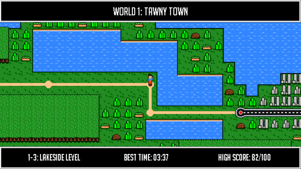 Screenshot: A brightly coloured world-map overview, in the pixelated style of early Mario games.