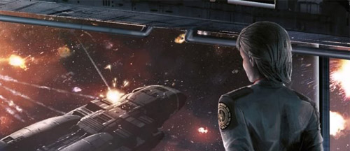 A military commander looks out the window of a space vessel, watching as a smaller craft explodes