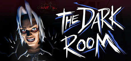 Scratched Text reads: The Dark Room. On the left, what appears to be a young white-haired man leans in closely and stares as you, with a wide evil grin, intense eyes and a raised brow. On his shoulders sit dark layered armour covered in spikes, and in the distance an eerie yet unrecognisable glowing object.