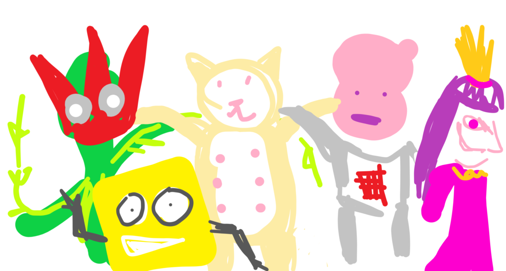 A crude and childlike fan art drawing of a selection of Perth games, from left to right: A red flower person from Bramblelash, a smiling waving yellow cube from Square Heroes, a cat with stomach exposed from Catnips, a blobby headed mutant from Paradigm, and an angry girl all in pink wearing a crown from Freedom Fall.