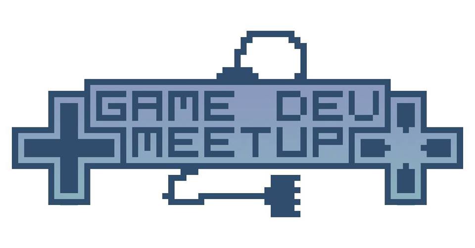 Blocky logo reading "Game Dev MeetUp" flanked by two controller D-pads and a power cable.