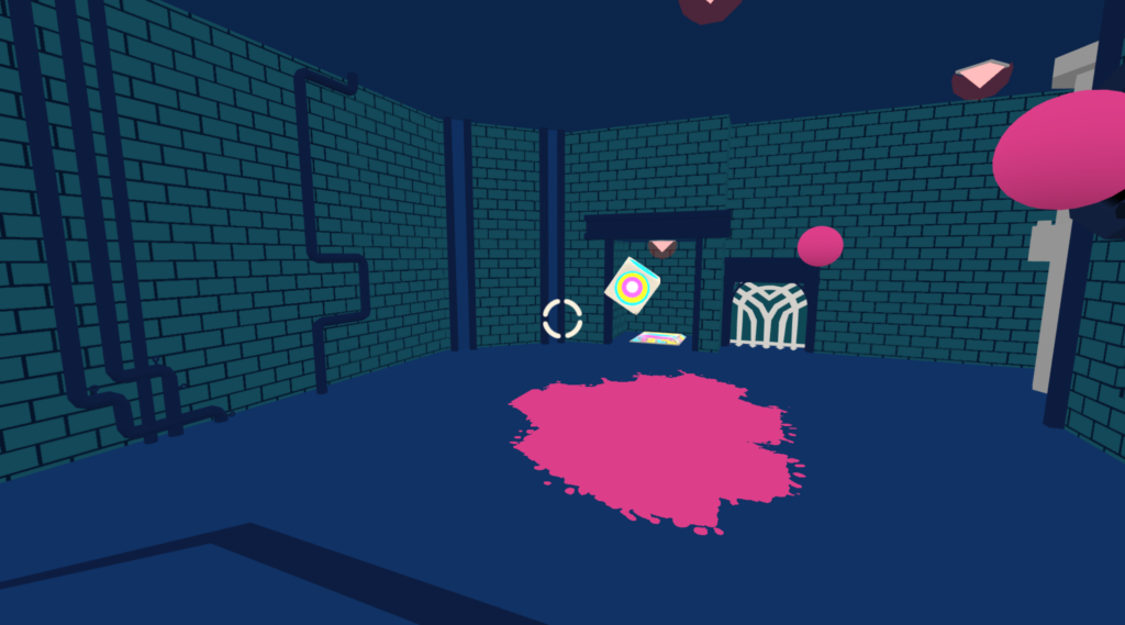Screenshot from game Acrylica. A dark dungeon with bricks covering the wall. On the floor, a large puddle of pink liquid, and floating above that a colourful box.