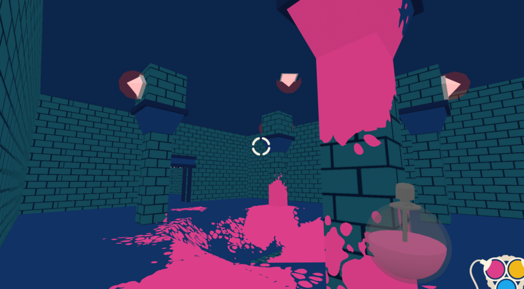 Screenshot from game Acrylica. A dark dungeon with three pillars rising from the floor to the ceiling. Pink splashes of paint cover the floor and closest pillar.