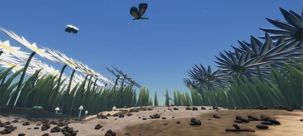 Screenshot from game Little Bit Lost. A panoramic view of a garden from the soil with a butterfly overhead.
