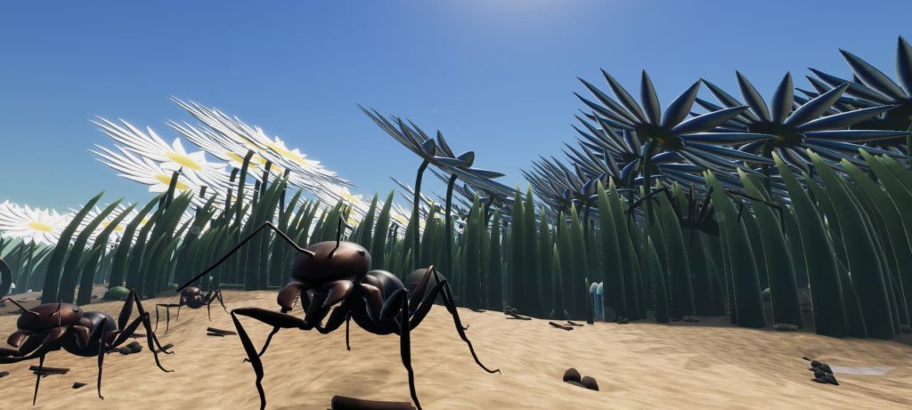 Screenshot from game Little Bit Lost. A giant ant against a backdrop of flowers.