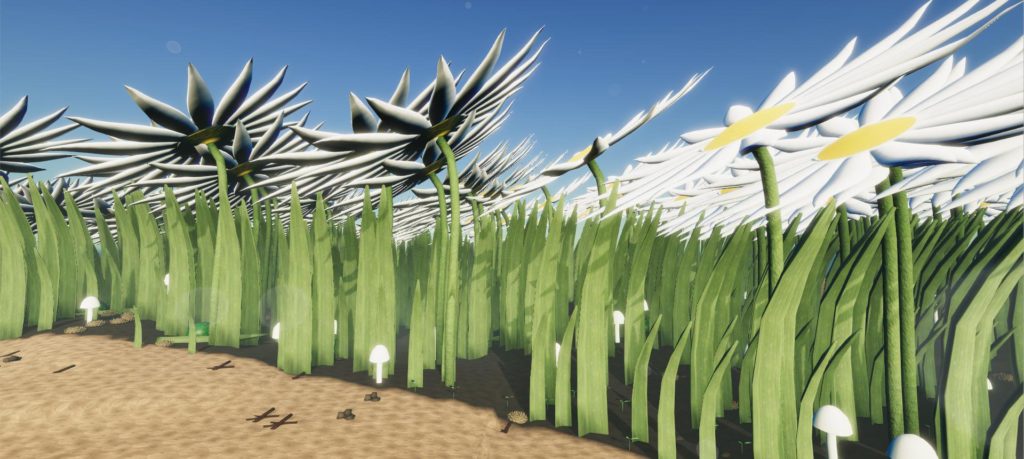 Screenshot from game Little Bit Lost. Several flowers and blades of grass against a blue sky.