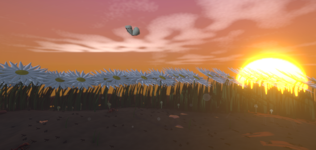 Header Image, screenshot from game Little Bit Lost. It shows a warm sun dipping below the horizon, over a bed of daisies.