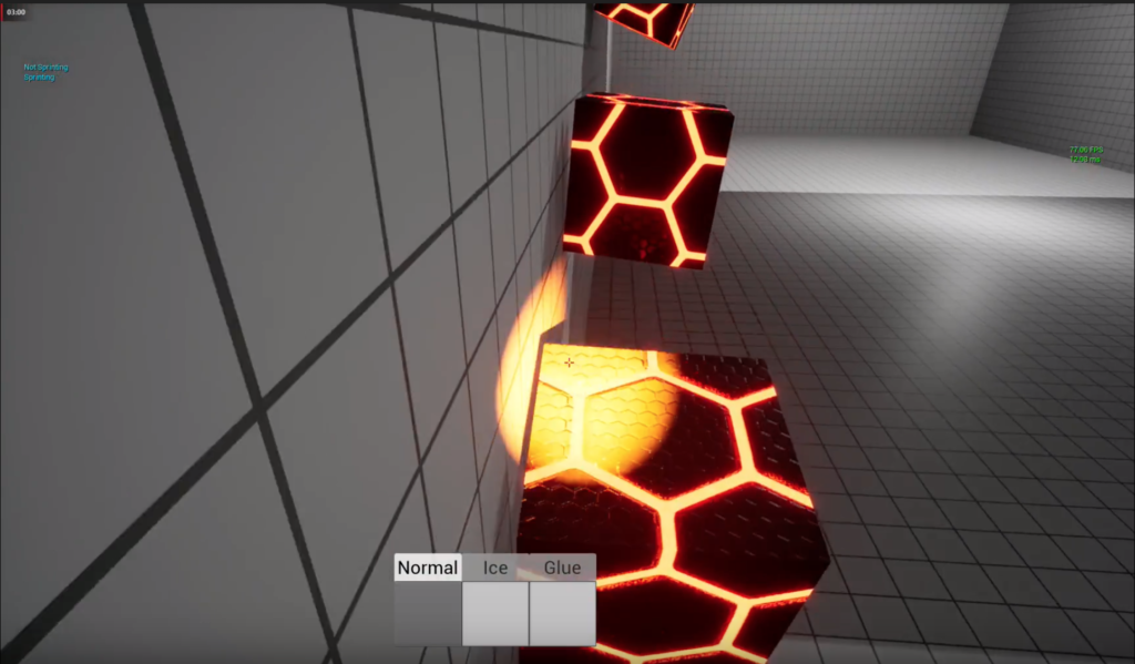 Screenshot from game Impractical Problems. Three red hexagon textured boxes stuck to a wall.