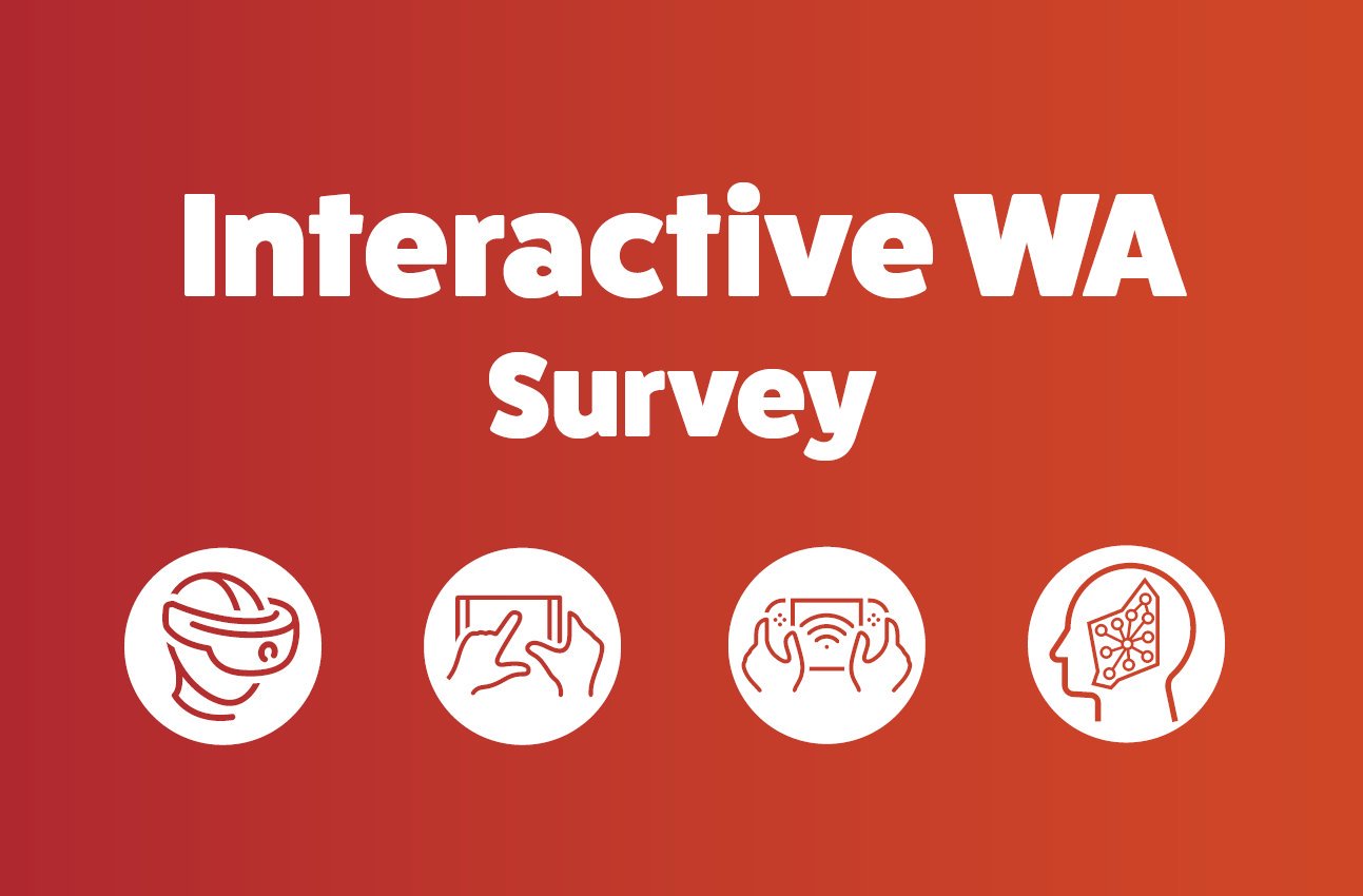 Red background with Interactive WA Survey and icons representing VR, Phone, Console and Mind.