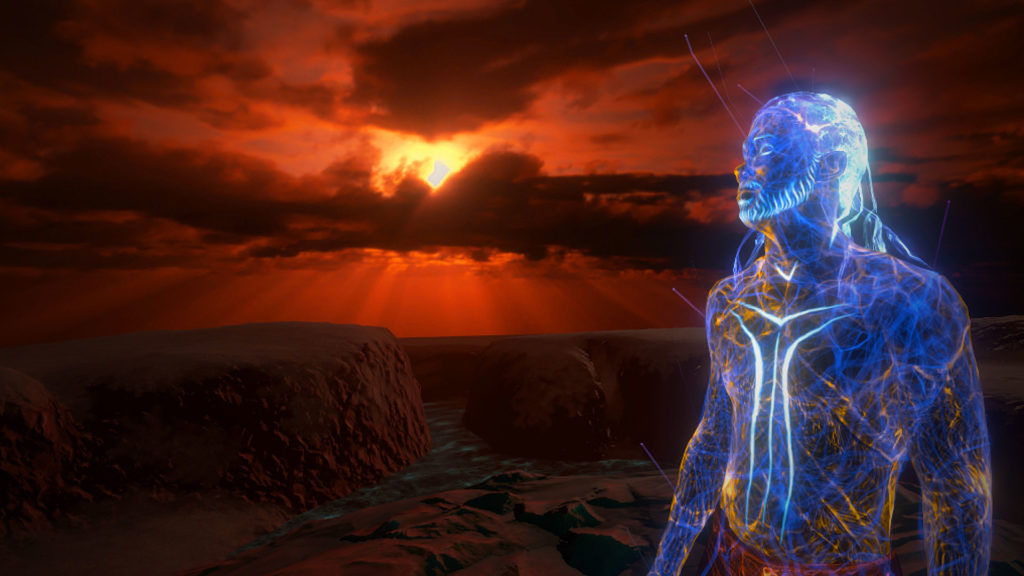 Screenshot of a projection of an Aboriginal man made of strings of light. He stands in front of a setting sun.
