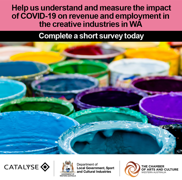 Text reads "Help us understand & masure the impact of COVID-19 on revenue and employment in the creative industries in WA. Complete a short survey