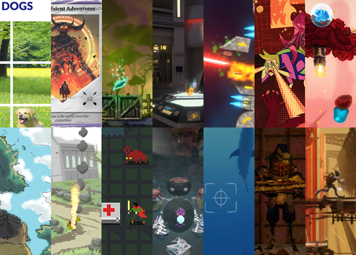 A collage of game screenshots, featuring dogs, sharks, comic art styles, lasers and superheros.